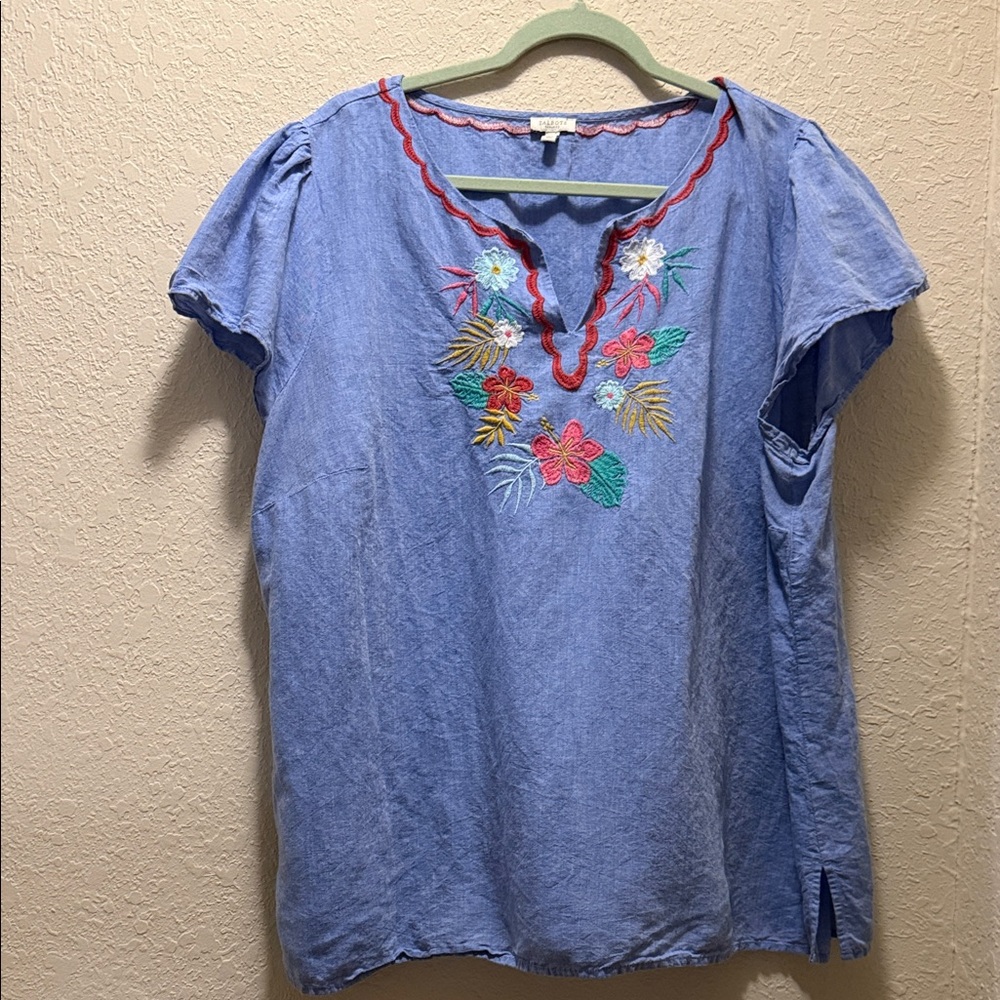 Talbots Women's Linen Cotton Blend Floral Embroidered Blouse, Size 2X